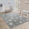 Paco Home Moderne Poils Ras Tapis Enfant Motif Étoilé Chambre D'Enfant Étoile Gris Blanc 80x150 Cm