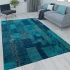Paco Home Tapis Poils Ras Patchwork Salon Moderne Aspect Vintage Floral Bleu Turquoise 80x250 Cm