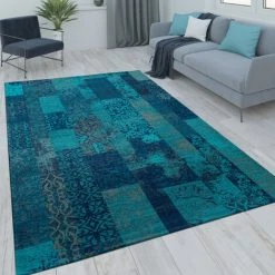 Paco Home Tapis Poils Ras Patchwork Salon Moderne Aspect Vintage Floral Bleu Turquoise 80x250 Cm