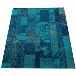 Paco Home Tapis Poils Ras Patchwork Salon Moderne Aspect Vintage Floral Bleu Turquoise 80x250 Cm -Tapis et paillasson Soldes 50623057 5