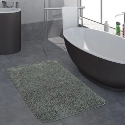 Paco Home Tapis Salle De Bain Moderne Uni Poils Longs Tapis De Bain Antidérapant Gris 80x150 Cm