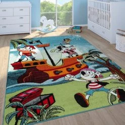 Paco Home Tapis Enfant Garçon Chambre Enfant Tapis Jeux Poils Ras Bateau Pirate Coloré 120x170 Cm