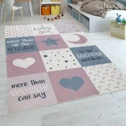 Paco Home Tapis Chambre Enfant Filles Lavable Curs Étoiles Lune Inscription Rose Gris 80x150 Cm