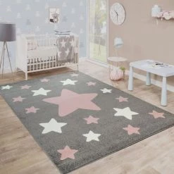 Paco Home Tapis Chambre Enfant Tapis Enfant Grands Et Petits Étoiles Gris Rose 80x150 Cm