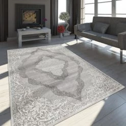 Paco Home Tapis Oriental Moderne Effet 3D Chiné Scintillant Ornements Gris Blanc 80x150 Cm