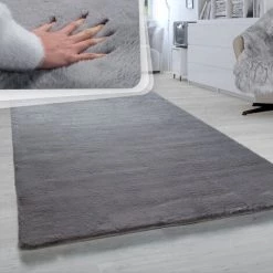 Paco Home Tapis Poils Longs Salon Fausse Fourrure Imitation Fourrure De Lapin Très Douce Gris Forcé 60x90 Cm