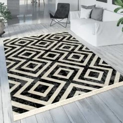 Paco Home Tapis Noir Blanc Balcon Terrasse Extérieur Style Scandinave Motif Losanges Robuste 80x150 Cm