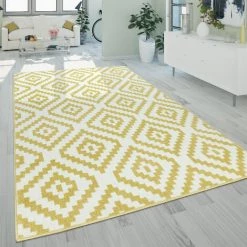 Paco Home Tapis À Poils Ras Salon Moderne Géométrique Motif Ethnique Jaune Blanc 60x100 Cm
