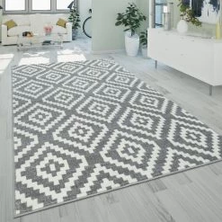 Paco Home Tapis À Poils Ras Salon Moderne Géométrique Motif Losanges En Gris Blanc 70x250 Cm