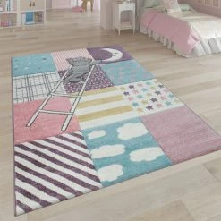 Paco Home Tapis Enfant Chambre Enfant 3D Adorable Patchwork Ours Lune Étoile Échelle En Rose 140x200 Cm