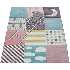 Paco Home Tapis Enfant Chambre Enfant 3D Adorable Patchwork Ours Lune Étoile Échelle En Rose 140x200 Cm -Tapis et paillasson Soldes 50623587 5