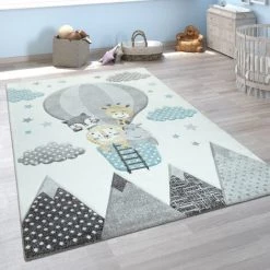 Paco Home Tapis Chambre Enfant Adorable Montgolfière Nuages Joyeux Animaux Pastel En Crème 80x150 Cm