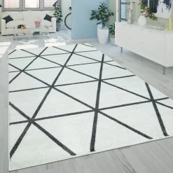 Paco Home Tapis De Salon, Poils Ras Style Scandinave Et Motif Losanges, Blanc 60x100 Cm