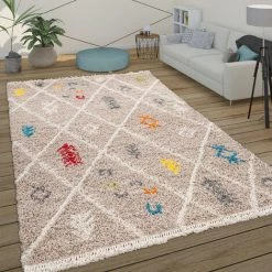 Paco Home Tapis Poils Longs Shaggy Salon Scandinave Motif Diamant Brun Rouge Bleu Jaune 200x290 Cm