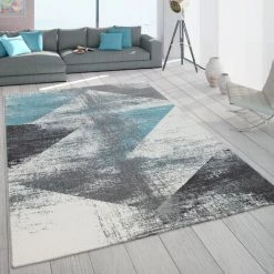 Paco Home Tapis Frisé, Poils Ras Pour Salon Look Usé Tons Pastel Turquoise Gris 80x150 Cm