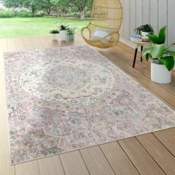 Paco Home Tapis Intérieur & Extérieur, Poils Ras Pour Balcon Terrasse, Motif Oriental Rose 80x150 Cm