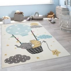 Paco Home Tapis Pour Enfant, Poils Ras Pour Chambre D'Enfant, Éléphant, Ours, Montgolfière, Lune, Beige 80x150 Cm