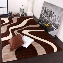 Paco Home Tapis De Créateur Aux Contours Découpés Motif Vagues En Marron Beige Crème 80x150 Cm