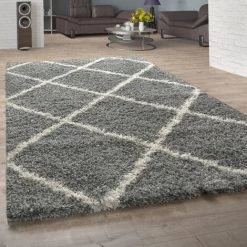 Paco Home Tapis Poils Longs, Shaggy Pour Salon, Design Scandinave Et Motif Losanges Gris 100x200 Cm