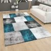 Paco Home Tapis De Salon Poils Ras Effet 3D Motif Diamant Carreaux Moderne Gris Turquoise 120x170 Cm