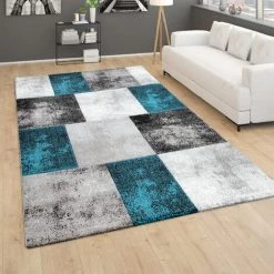 Paco Home Tapis De Salon Poils Ras Effet 3D Motif Diamant Carreaux Moderne Gris Turquoise 120x170 Cm