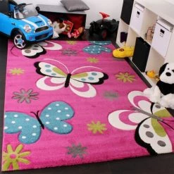 Paco Home Tapis Pour Enfant Motif Papillon En Rose Crème Turquoise Ø 120 Cm Rond