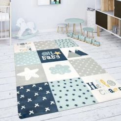 Paco Home Tapis Chambre Enfant Tapis De Jeux Tapis Bébé Losanges Étoiles Gris Bleu Blanc 80 Cm Rond