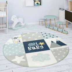 Paco Home Tapis Chambre Enfant Tapis De Jeux Tapis Bébé Losanges Étoiles Gris Bleu Blanc 80 Cm Rond -Tapis et paillasson Soldes 50624846 3