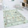 Paco Home Tapis Chambre Enfant Tapis De Jeux Tapis Bébé Route Ours Élan Arbres Vert Gris 80 Cm Rond