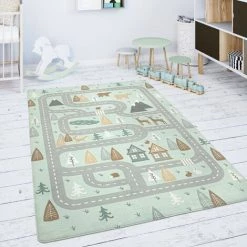 Paco Home Tapis Chambre Enfant Tapis De Jeux Tapis Bébé Route Ours Élan Arbres Vert Gris 80 Cm Rond