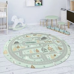 Paco Home Tapis Chambre Enfant Tapis De Jeux Tapis Bébé Route Ours Élan Arbres Vert Gris 80 Cm Rond -Tapis et paillasson Soldes 50624855 3