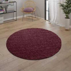 Paco Home Tapis Shaggy Tapis Salon Shaggy Poil Long Moderne Monochrome Rouge Bordeaux Ø 120 Cm Rond