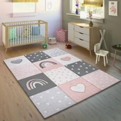 Paco Home Tapis Enfant Chambre Enfant Tapis Poils Ras Arc-En-Ciel Cœur Pois Rose Blanc Ø 120 Cm Rond