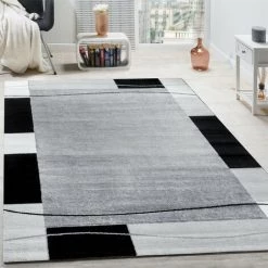 Paco Home Tapis De Créateur Contemporain à Lignes Et Carreaux En Gris Crème Noir 60x100 Cm