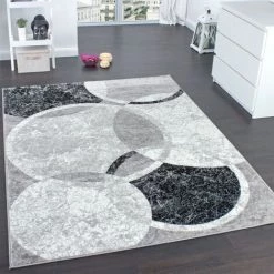 Paco Home Tapis De Créateur Contemporain Avec Cercles Marbré En Gris Noir Crème 60x100 Cm