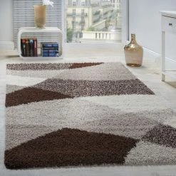Paco Home Tapis Shaggy Longues Mèches Hautes Motifs Brun Beige Crème 70x140 Cm