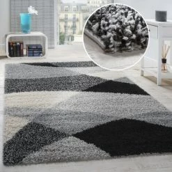 Paco Home Tapis Shaggy Longues Mèches Hautes Motifs Gris Noir Blanc 70x250 Cm