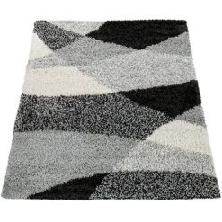 Paco Home Tapis Shaggy Longues Mèches Hautes Motifs Gris Noir Blanc 70x250 Cm -Tapis et paillasson Soldes 50625443 5