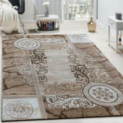 Paco Home Tapis Design Moderne Chiné Floral Avec Motif Méandre Cercles Beige Crème 60x100 Cm