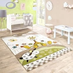 Paco Home Tapis Pour Enfants Chambre DEnfant Contours Découpés Bébé Girafe Beige Crème Couleurs Pastel 120x170 Cm