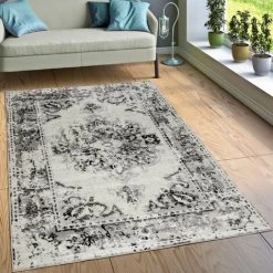 Paco Home Tapis De Créateur Poils Ras Salon Look Vintage Moderne Gris Crème 160x220 Cm