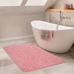 Paco Home Tapis Salle De Bain Moderne Uni Poils Longs Tapis De Bain Antidérapant Rose 60x100 Cm