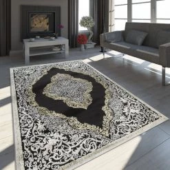 Paco Home Tapis Oriental Moderne Effet 3D Chiné Scintillant Ornements Noir Doré 80x150 Cm