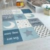 Paco Home Tapis Chambre Enfant Garçons Lavable Curs Étoiles Lune Inscription Bleu Gris 80x150 Cm