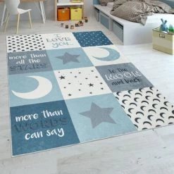 Paco Home Tapis Chambre Enfant Garçons Lavable Curs Étoiles Lune Inscription Bleu Gris 80x150 Cm