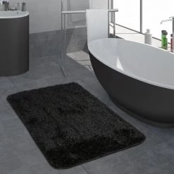 Paco Home Tapis Salle De Bain Moderne Poils Longs Uni Tapis De Bain Antidérapant Noir Ø 80 Cm Rond