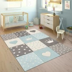 Paco Home Tapis Enfant Chambre Enfant Carreaux Pois Cœurs Étoiles Bleu Pastel Gris 120x170 Cm