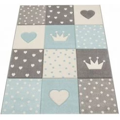 Paco Home Tapis Enfant Chambre Enfant Carreaux Pois Cœurs Étoiles Bleu Pastel Gris 120x170 Cm -Tapis et paillasson Soldes 50625847 5