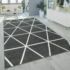 Paco Home Tapis De Salon À Poils Ras Moderne Design Géométrique Motif Losanges Anthracite 60x100 Cm