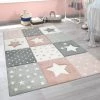 Paco Home Tapis Chambre Enfant Moderne Couleurs Pastel Carreaux Étoile Pois Design En Rose Gris 80x150 Cm